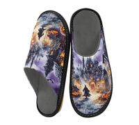 Mnsruu Men's Slipper Halloween Pumpkin Castle Bat Warm Fuzzy House Slippers for Women Non-slip Indoor/Outdoor Soles