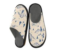 Mnsruu Men's Slipper Hand Drawn Blue Mountain Tree Pattern Warm Fuzzy House Slippers for Women Non-slip Indoor/Outdoor Soles