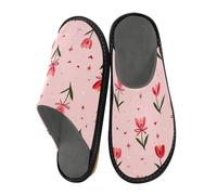 Mnsruu Men's Slipper Pink Tulip Pattern Warm Fuzzy House Slippers for Women Non-slip Indoor/Outdoor Soles