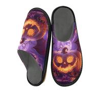 Mnsruu Men's Slipper Pumpkin Halloween Bats Warm Fuzzy House Slippers for Women Non-slip Indoor/Outdoor Soles