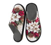Mnsruu Men's Slipper Watercolor Poinsettia Pine Cone Warm Fuzzy House Slippers for Women Non-slip Indoor/Outdoor Soles