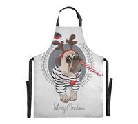 Mnsruu Merry Christmas Pug Dog Horn Deer Kitchen Aprons for Women Men, Cooking Apron for Cooking Baking Gardening
