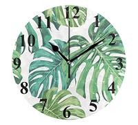 Mnsruu Monstera Tropical Plant Houseplant Design Green Leaves Wall Clock Non Ticking Silent Clocks,Battery Operated Decorative Clock 10 Inch for Kitchen, Living Room