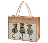 Mnsruu Natural Burlap Jute Tote Bags Zentangle Embroidery Cat with Cotton Handles Reusable Zipper Small Shopping Gift Lunch Bags