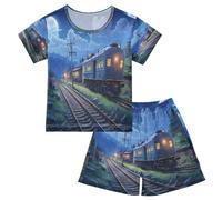 Mnsruu Night Train Tracks Summer Child Pajamas Set for Kids Short Sleeve Cotton Sleepwear for Boys and Girls Multicolor
