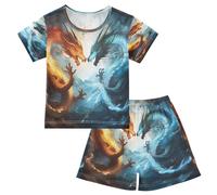 Mnsruu Orange Blue Twin Dragons Summer Child Pajamas Set for Kids Short Sleeve Cotton Sleepwear for Boys and Girls