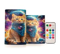 Mnsruu Orange Cat Planet Galaxy Flameless Pillar Candles with Remote Timer Battery Operated LED Candle Color Changing