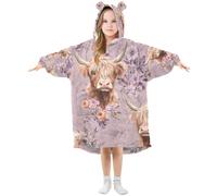 Mnsruu Oversized Blanket Hoodie for Kids Adult Girls Boys Cute Highland Cow Flower Wearable Blanket Fleece Hoodie Sweatshirt Front Big Pocket Super Warm Plush