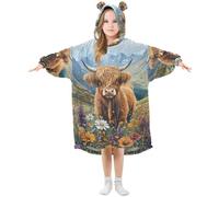Mnsruu Oversized Blanket Hoodie for Kids Adult Girls Boys Highland Cow Flowers Wearable Blanket Fleece Hoodie Sweatshirt Front Big Pocket Super Warm Plush