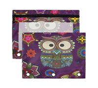 Mnsruu Owl Mandala Floral Element Dark 3 Rings Binder Pouch Pencil Case, 2 Pack Pencil Pouches with Zipper, Clear Window Cosmetic Bag