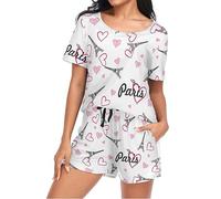 Mnsruu Paris Eiffel Tower Heart Womens Pyjamas Sets Short Sleeves, Ladies Pajamas Pjs Set Loungewear with Pocket Size M