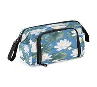 Mnsruu Pattern Water Lily Lilies Water Lilies Blue Background White Colorful Big Capacity Pencil Case Pouch Pen Case Pencil Box Stationery Office Organizer Bag for Boys Girls