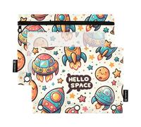 Mnsruu Pencil Pouch for 3 Ring Binder, Cartoon Spaceship Cute Spaceship with The Word Pencil Bag Pencil Case Cosmetic Bag with Zipper Clear Window for Office Travel Cosmetic, 2 Pack