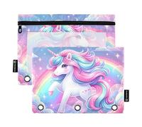 Mnsruu Pencil Pouch for 3 Ring Binder, Fantasy Unicorn Background Pencil Bag Pencil Case Cosmetic Bag with Zipper Clear Window for Office Travel Cosmetic, 2 Pack