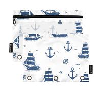 Mnsruu Pencil Pouch for 3 Ring Binder, Small Blue Ships Pencil Bag Pencil Case Cosmetic Bag with Zipper Clear Window for Office Travel Cosmetic, 2 Pack
