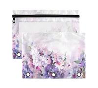 Mnsruu Peony Purple Flowers Leaves 3 Rings Binder Pouch Pencil Case, 2 Pack Pencil Pouches with Zipper, Clear Window Cosmetic Bag