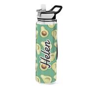 Mnsruu Personalised Avocado Watercolor Water Bottle 1L with Straw, Customised Names Leakproof BPA Free Tritan Drink Bottle, Sport Water Bottle