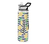 Mnsruu Personalised Cute Cartoon Summer Pineapple Pattern on Navy Stripes Water Bottle 1L with Straw, Customised Names Bottle