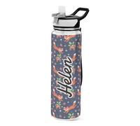 Mnsruu Personalised Cute Foxes Strawberries Water Bottle 1L with Straw, Customised Names Leakproof BPA Free Tritan Drink Bottle, Sport Water Bottle