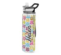 Mnsruu Personalised Cute Owl Plaid Colorful Water Bottle 1L with Straw, Customised Names Leakproof BPA Free Tritan Drink Bottle, Sport Water Bottle