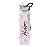 Mnsruu Personalised Cute Pink Dinosaurs Water Bottle 1L with Straw, Customised Names Leakproof BPA Free Tritan Drink Bottle, Sport Water Bottle