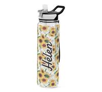 Mnsruu Personalised Summer Flowers Sunflower Water Bottle 1L with Straw, Customised Names Leakproof BPA Free Tritan Drink Bottle, Sport Water Bottle