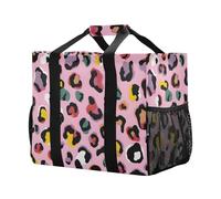 Mnsruu Pink Background with Colorful Leopard Print Pattern Reusable Grocery Bags Shopping Bags Kitchen Travel Tote Bag Washable Beach Bag