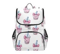 Mnsruu Pink Bow Boba Bubble Tea Kids Backpack Rucksack Bag for School Girls & Boys, Cute School Bag for Kids, Kids Bookbag for Elementary with Reflective Strip
