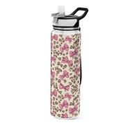 Mnsruu Pink Bow Leopard Print Water Bottle 1L with Straw, Leakproof BPA Free Tritan Drink Bottle, Sport Water Bottle for Men Women Kids