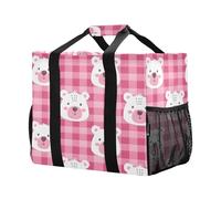 Mnsruu Pink Checkered with A Bear's Face Reusable Grocery Bags Shopping Bags Kitchen Travel Tote Bag Washable Beach Bag