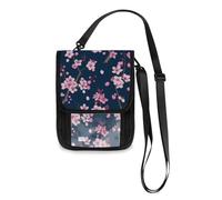Mnsruu Pink Cherry Blossom Flower Flroal Navy Blue Travel Wallet Passport Holder Credit Card Gadget Holder Pouch Bag Unisex Crossbody Wallet Travel Neck Wallet with Adjustable Strap