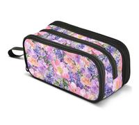 Mnsruu Pink Purple Wild Flower Pencil Case Large Capacity Pen Pouch Pencil Bag with 3 Compartments Pen Holder Organizer Stationery Bag