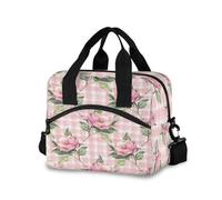 Mnsruu Pink Rose Flower Floral Buffalo Plaid Checkered Lunch Bags for Women,Thermal Insulated Lunch Box Cooler Bag for Working Picnic