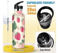 Mnsruu Pink Strawberry Fruits Water Bottle Stainless Steel Drink Flask with Straw Cap Insulated Bottle for Boys Girls Sports 20 oz (600 ml)