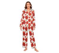 Mnsruu Poppy Flower Ladybird Red Women's Satin Pyjamas Set Long Sleeve Button Down Sleepwear S