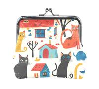 Mnsruu Portable Coin Purses for Women Girls Cute Black Cat with House Pouch Mini Purse Kiss-Lock Change Wallet Small Leather Purses for Women Girls Credit Card, Keys, Coin, Headset