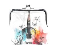 Mnsruu Portable Coin Purses for Women Girls Watercolor Guitar with Butterfly and Flowers Pouch Mini Purse Kiss-Lock Change Wallet Small Leather Purses for Women Girls Credit Card, Keys, Coin, Headset