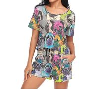 Mnsruu Portrait Of Many Colorful Pugs Womens Pyjamas Sets Short Sleeves, Ladies Pajamas Pjs Set Loungewear with Pocket Size L