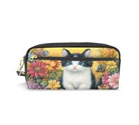 Mnsruu PU Leather Pencil Case Black White Kitten Flower Pen Pouch Makeup Cosmetic Bag