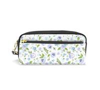 Mnsruu PU Leather Pencil Case Blue Pansy Flowers Leaves Pen Pouch Makeup Cosmetic Bag