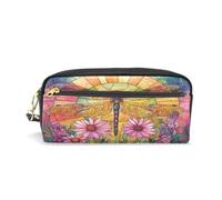Mnsruu PU Leather Pencil Case Dragonfly Flower Stained Glass Pen Pouch Makeup Cosmetic Bag