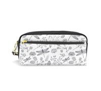Mnsruu PU Leather Pencil Case Dragonfly Hand Draw Plants Pen Pouch Makeup Cosmetic Bag