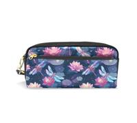 Mnsruu PU Leather Pencil Case Lotus Dragonfly Pattern Pen Pouch Makeup Cosmetic Bag