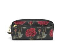 Mnsruu PU Leather Pencil Case Red Roses with Golden Edges Pen Pouch Makeup Cosmetic Bag