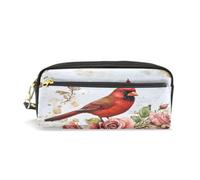 Mnsruu PU Leather Pencil Case Vintage Red Cardinal Roses Pen Pouch Makeup Cosmetic Bag