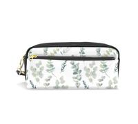 Mnsruu PU Leather Pencil Case Watercolor Eucalyptus Branches Leaves Pen Pouch Makeup Cosmetic Bag