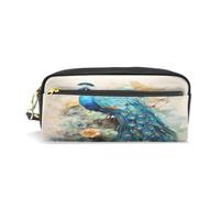 Mnsruu PU Leather Pencil Case Watercolor Peacock Bird Pen Pouch Makeup Cosmetic Bag