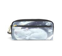 Mnsruu PU Leather Pencil Case White Sleeping Cat Moon Pen Pouch Makeup Cosmetic Bag
