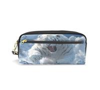 Mnsruu PU Leather Pencil Case White Tiger Snow Mountain Pen Pouch Makeup Cosmetic Bag