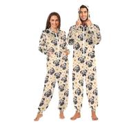 Mnsruu Pug Faces Heart Flower Pattern Adult Onesie Pajama Jumpsuit Zippered Sleepwear Homewear Party One Piece Suit